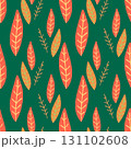 Rich seamless pattern featuring orange and red stylized autumn leaves on a dark green background. Perfect for seasonal wallpapers, fabric, wrapping paper, packaging, and decorative projects. 131102608