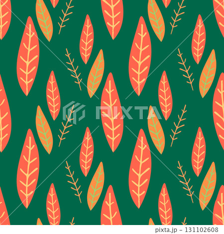 Rich seamless pattern featuring orange and red stylized autumn leaves on a dark green background. Perfect for seasonal wallpapers, fabric, wrapping paper, packaging, and decorative projects. Rich seamless pattern featuring orange and red stylized autumn leaves on a dark green background. Perfect for seasonal wallpapers, fabric, wrapping paper, packaging, and decorative projects. 131102608
