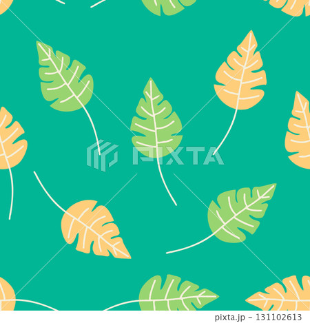Playful seamless pattern of stylized tropical leaves on a bright green background. Perfect for fabric, wallpaper, kids designs, wrapping, gift packaging, and fun decorative surface projects. Playful seamless pattern of stylized tropical leaves on a bright green background. Perfect for fabric, wallpaper, kids designs, wrapping, gift packaging, and fun decorative surface projects. 131102613