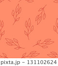 Elegant seamless pattern of delicate line art leaves and branches on a peach background. Great for fabric, wallpaper, stationery, wrapping, digital backgrounds, packaging, and modern minimalist 131102624