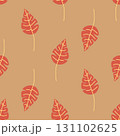 Warm seamless pattern of stylized red leaves on a brown background. Ideal for fall themes, fabric, wallpapers, gift wraps, packaging, stationery, and cozy seasonal surface design projects. 131102625