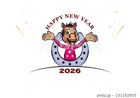 2026年 午年の年賀状デザイン|ポップな馬(騎手)のイラスト 2026年 午年の年賀状デザイン|ポップな馬(騎手)のイラスト 131102655