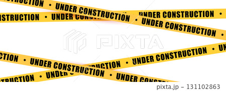 Under construction yellow warning tape safety stripe. Caution barrier stripe for safety zone, blocked area, website page, road work, site maintenance, redesign progress. Vector illustration. Under construction yellow warning tape safety stripe. Caution barrier stripe for safety zone, blocked area, website page, road work, site maintenance, redesign progress. Vector illustration. 131102863