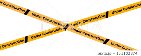 Under construction sign with yellow warning tape safety stripe. Caution barrier stripe for safety zone, blocked area, website page, road work, site maintenance, redesign progress. Vector illustration. 131102874