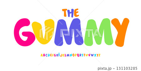 Candy cute alphabet, soft rounded letters, coloured gummy font for birthday logo, preschool sign headline, sweet typographic design, modern cartoon typography, education typescript. Vector typeset 131103285