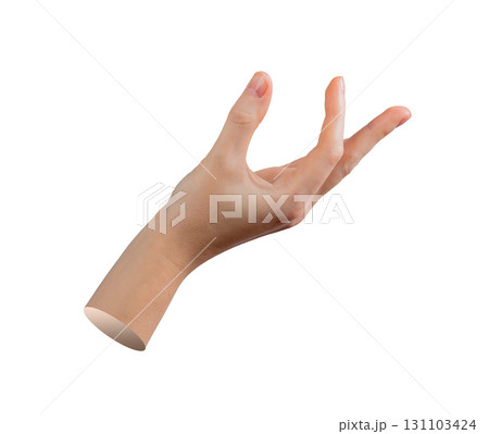 Hand holding with fingers in natural posture, gesture to catch or receive, grip between thumb and 131103424