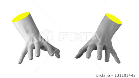 Hands with fingers curved down in hovering position over surface, gesture to grasp or hold invisible 131103448