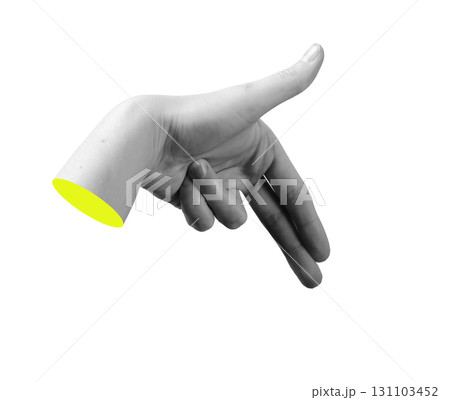 Human hand making a gesture with index and middle fingers pointing down and thumb extended sideways, 131103452