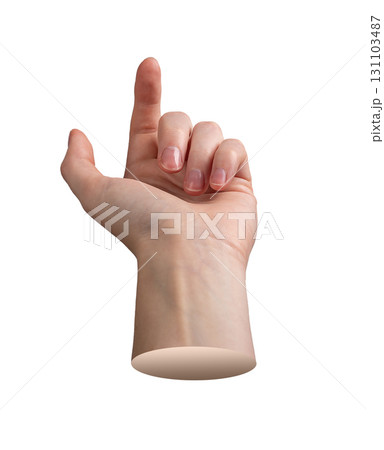 hand with the index finger extended upward, making a beckoning or calling gesture. Fingers slightly 131103487