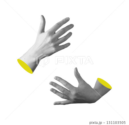 Pair of hands in hugging gesture, holding invisible object with open palms and spread fingers, 131103505