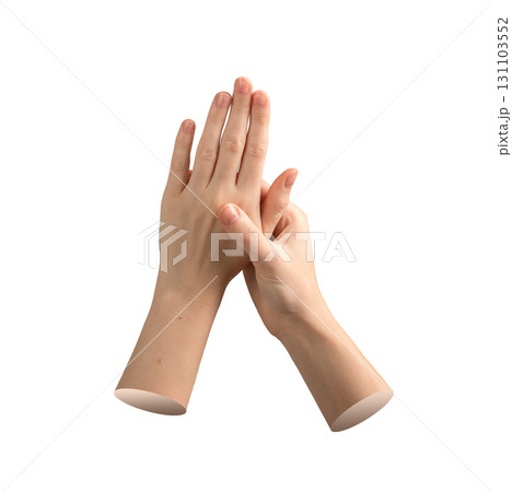 Pair of female hands with neat manicure in gentle gesture, showing soft skin and delicate touch, 131103552