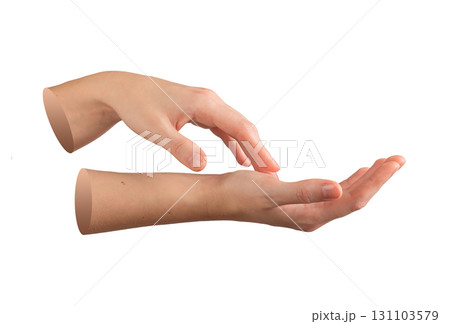 Female hand in soft gesture applying cream with smooth healthy skin and delicate touch. Beauty, Female hand in soft gesture applying cream with smooth healthy skin and delicate touch. Beauty, 131103579
