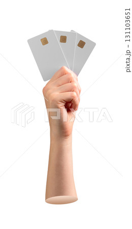 Credit card mock up for business and investment. Woman hand showing several blank nameless plastic 131103651