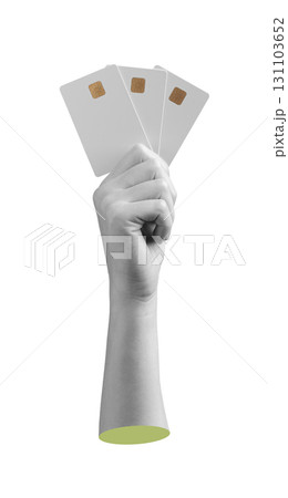 Credit card mockup for finance and business. Female hand holding several nameless plastic cards for Credit card mockup for finance and business. Female hand holding several nameless plastic cards for 131103652