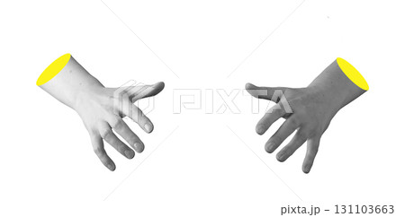 Two human hands as if holding, supporting, or presenting a large invisible object, isolated on white 131103663