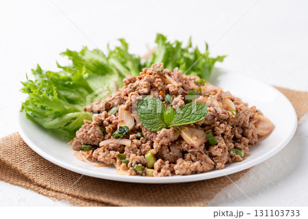 Local Thai food, Spicy minced pork salad (Larb Moo) on white background 131103733