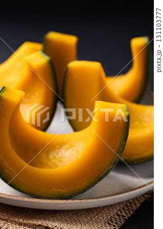 Steamed Japanese pumpkin or Kabocha on plate ready to eating, Healthy food Steamed Japanese pumpkin or Kabocha on plate ready to eating, Healthy food 131103777