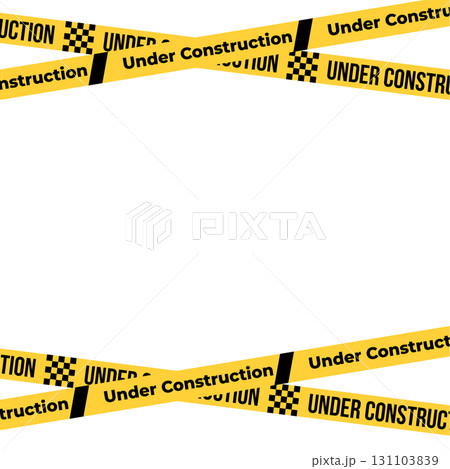 Under construction sign with yellow warning tape safety stripe. Caution barrier stripe for safety zone, blocked area, website page, road work, site maintenance, redesign progress. Vector illustration. 131103839