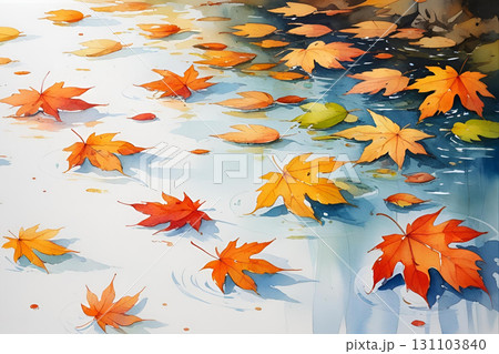 水面に浮かぶ紅葉の葉 131103840