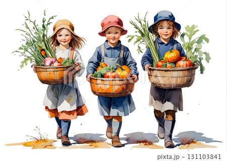 秋の収穫を楽しむ子供たち 131103841