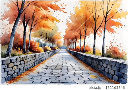 秋の並木道 水彩画 131103846