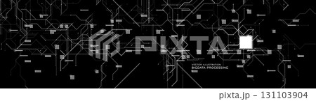 Digital circuit white chip black background, AI processor network BG. Big Data cyber security, neural system texture. Artificial intelligence technology pattern. Vector backdrop 131103904
