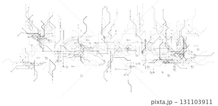 Black and white digital circuit chip background, processor network. AI neural system texture. Cyber data flow tech pattern. Artificial intelligence technology backdrop. Vector illustration 131103911