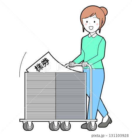 株券をキャスターで運ぶ女性 131103928