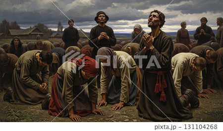 In a somber scene, peasants kneel in prayer, seeking solace under a stormy sky, demonstrating faith and devotion during difficult times within their village 131104268