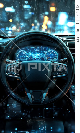 Futuristic car interior with a digital dashboard displays speed, fuel level, and other information while driving in the rain at night 131104318