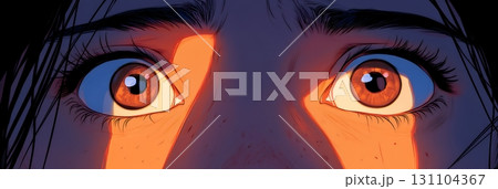 Wide-eyed young woman stares in fear, illuminated by an intense orange light 131104367