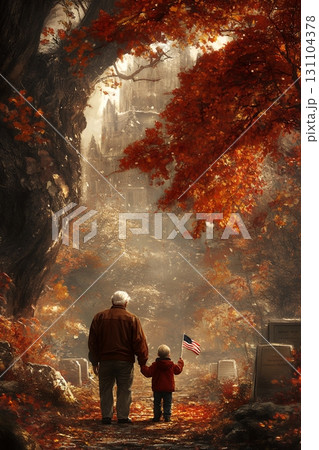 An elderly man and a young boy walk hand-in-hand through an autumnal graveyard, towards a distant, snow-dusted castle, carrying a small American flag An elderly man and a young boy walk hand-in-hand through an autumnal graveyard, towards a distant, snow-dusted castle, carrying a small American flag 131104378