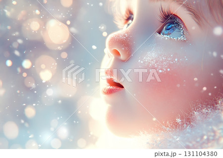 A cute toddler girl's face is dusted with sparkling snow, gazing up in wonder at a winter wonderland 131104380
