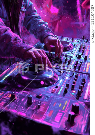 A DJ passionately mixes music on a vibrant, futuristic-style mixing console at a neon-lit party 131104387