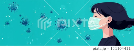 A young woman protects herself from airborne viruses by wearing a face mask 131104411