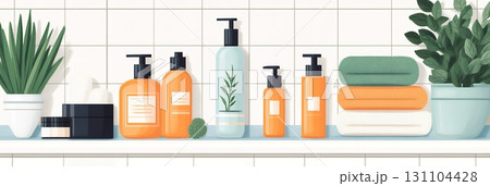 A bathroom shelf displays neatly arranged bath products, towels, and potted plants, creating a spa-like atmosphere 131104428