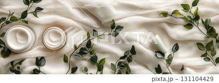 Luxurious face cream jars nestled amidst lush green leaves on a creamy fabric background, ideal for skincare or beauty product advertising 131104429