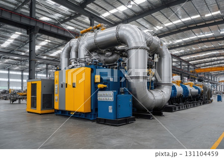 Industrial machinery dominates the space, with its intricate piping and heavy-duty compressor, showcasing a modern factory's reliance on technology and engineering Industrial machinery dominates the space, with its intricate piping and heavy-duty compressor, showcasing a modern factory's reliance on technology and engineering 131104459