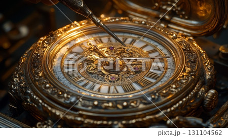 A skilled watchmaker meticulously repairs an antique, ornate gold pocket watch, showcasing its intricate details 131104562