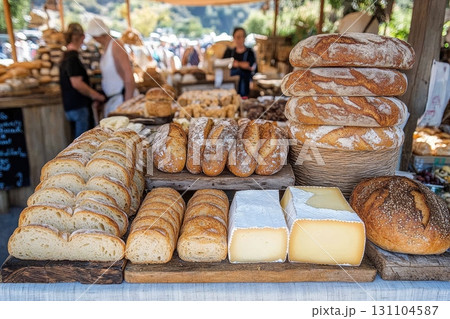 Artisan breads and cheeses are displayed at a farmer's market, showcasing a variety of textures and flavors 131104587