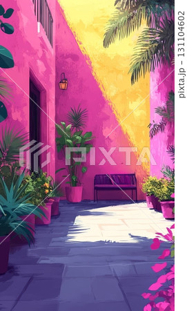 Vibrant pink and yellow building courtyard with tropical plants, a bench, and potted flowers creates a sunny, tranquil atmosphere Vibrant pink and yellow building courtyard with tropical plants, a bench, and potted flowers creates a sunny, tranquil atmosphere 131104602