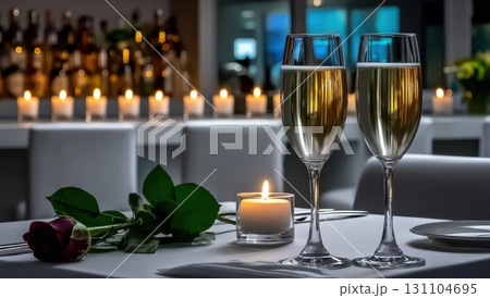 Romantic dinner setting with candles, champagne, rose, creating a perfect ambiance for a special occasion 131104695