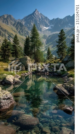 The serene lake reflects the majestic mountains and lush forest, creating a stunning landscape that epitomizes natural beauty and pristine environment 131104701