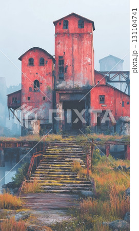An abandoned factory stands tall, with a decaying facade and a weathered staircase leading to its entrance, hinting at a forgotten industry and a ghostly, industrial past 131104741