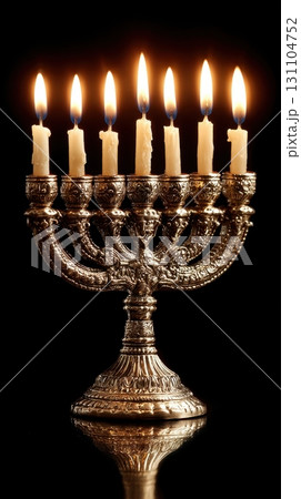 A traditional menorah shines brightly, the candles lit during the Hanukkah celebration, symbolizing faith and the miracle of light 131104752