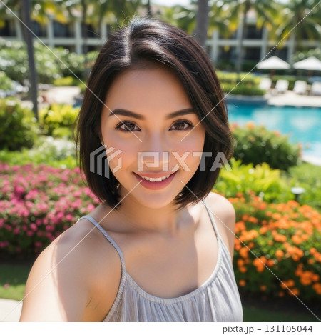 南国リゾートにいる若いアジア人女性の自撮り写真 131105044