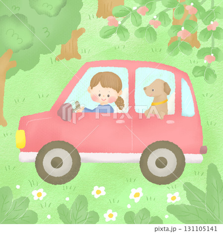 犬と森をドライブする女性のイラスト_安全運転 131105141