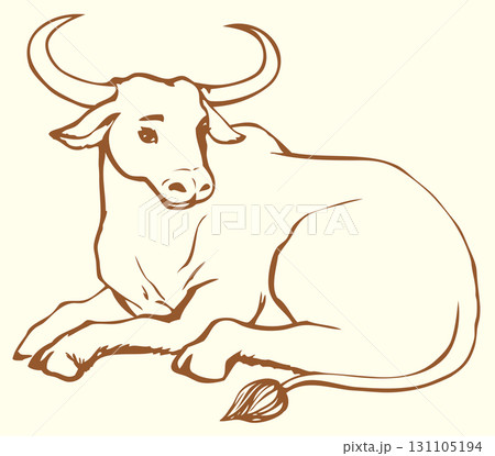 Vector contour illustration of lying cow with big horns 131105194