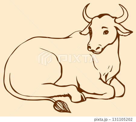 Vector contour illustration of lying cow with big horns 131105202
