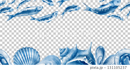 Marine seashells,sardine fishes in seamless border:twisted spiky seashell,oyster,mussel,ribbed cemicircular seashell, blue monochrome.Minimalism hand-drawn watecolor illustration isolated on white 131105237